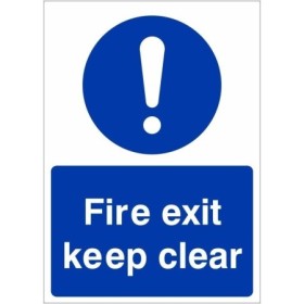 Fire Exit Keep Clear safety sign with white text on blue background