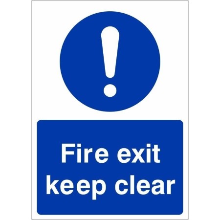 Fire Exit Keep Clear safety sign with white text on blue background