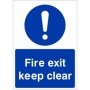 Fire Exit Keep Clear safety sign with white text on blue background