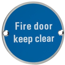 Fire Door Keep Clear stainless steel safety sign with blue background