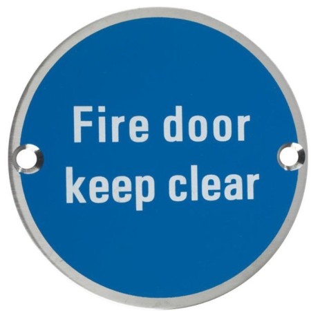 Fire Door Keep Clear stainless steel safety sign with blue background