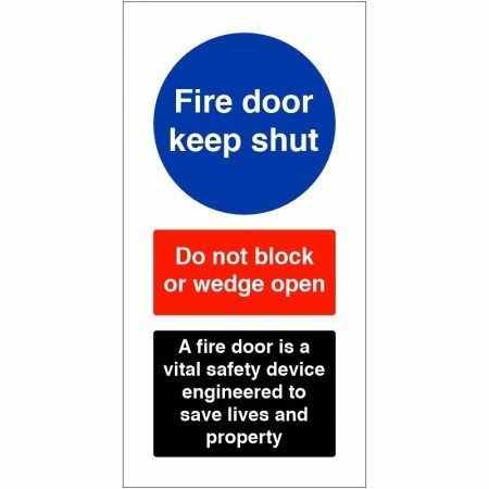 Fire door keep shut sign with fire safety instructions and warning text