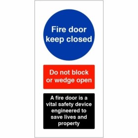 Fire door keep closed sign with do not block or wedge open safety message
