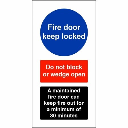 Fire Door Keep Locked safety sign with do not block or wedge open warning