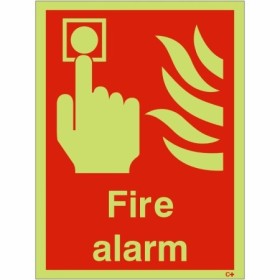 Glow in the dark fire alarm safety sign with photoluminescent emergency symbol