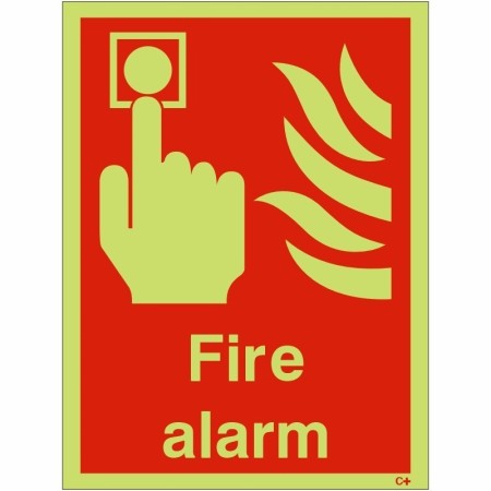 Glow in the dark fire alarm safety sign with photoluminescent emergency symbol