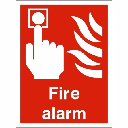 Fire alarm sign with emergency activation symbol and text