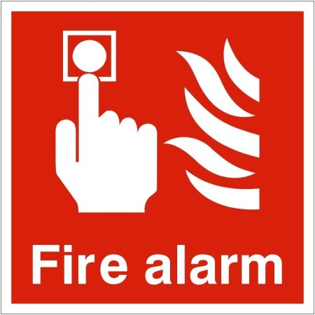 Fire alarm sign with fire alarm activation symbol on red background
