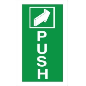 Push instruction safety sign with directional push symbol on green background