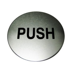 Push aluminium door instruction sign with black text on brushed aluminium background