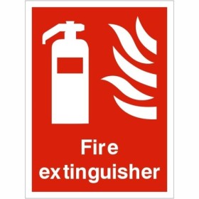 Fire extinguisher location safety sign with extinguisher symbol on red background