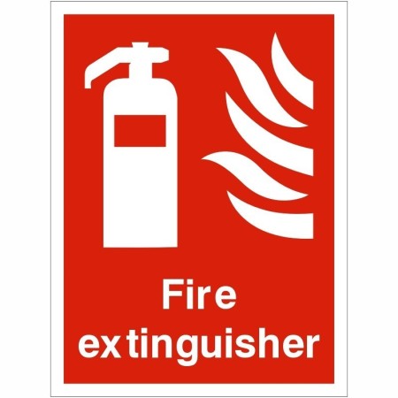 Fire extinguisher location safety sign with extinguisher symbol on red background