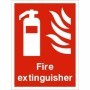 Fire extinguisher location safety sign with extinguisher symbol on red background