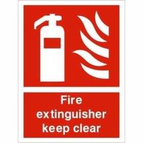 Fire extinguisher keep clear safety sign with extinguisher symbol on red background