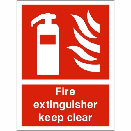 Fire extinguisher keep clear safety sign with extinguisher symbol on red background