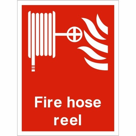Fire hose reel fire safety sign with hose reel symbol and red background