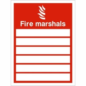 Fire Marshals safety sign with writable name panels on red background