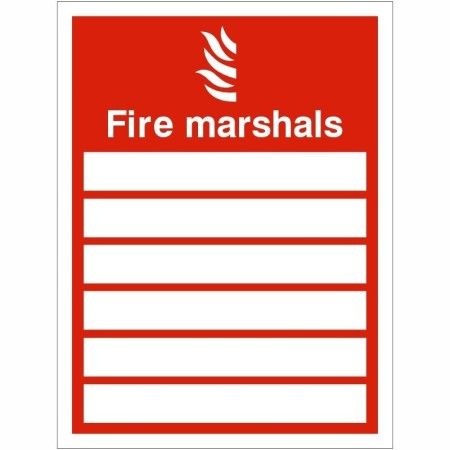 Fire Marshals safety sign with writable name panels on red background
