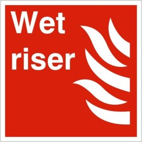 Wet riser symbol fire safety sign with white text and symbol on red background