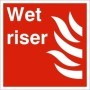 Wet riser symbol fire safety sign with white text and symbol on red background