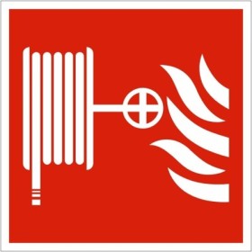 Fire hose reel symbol safety sign on red background