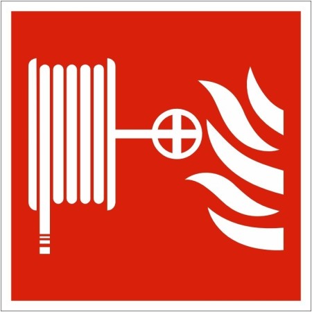 Fire hose reel symbol safety sign on red background