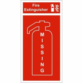 Fire extinguisher missing location panel safety sign with red background and extinguisher graphic