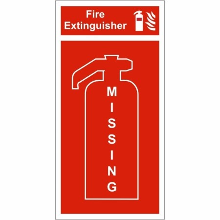 Fire extinguisher missing location panel safety sign with red background and extinguisher graphic