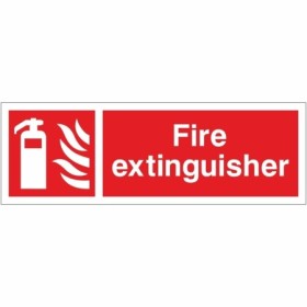 Fire extinguisher safety sign with extinguisher symbol and white text on red background