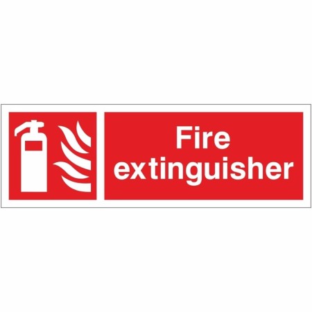 Fire extinguisher safety sign with extinguisher symbol and white text on red background