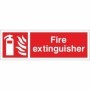 Fire extinguisher safety sign with extinguisher symbol and white text on red background