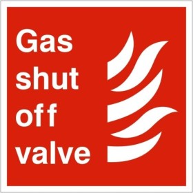 Gas shut off valve safety sign with white text and symbol on red background