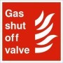 Gas shut off valve safety sign with white text and symbol on red background