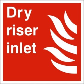 Dry Riser Inlet fire safety sign with white text and fire symbol on red background