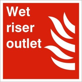 Wet Riser Outlet fire safety sign with white text and symbol on red background