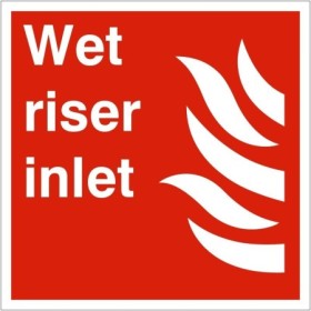 Wet Riser Inlet fire safety sign with white text on red background