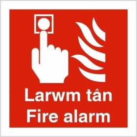 Larwm Tân Fire Alarm bilingual Welsh and English square safety sign