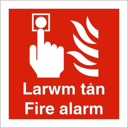 Larwm Tân Fire Alarm bilingual Welsh and English square safety sign
