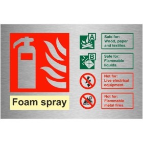 Foam spray fire extinguisher ID safety sign with fire class guidance
