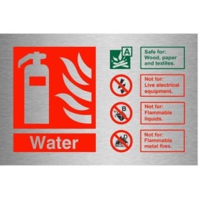 Water fire extinguisher identification safety sign with fire class guidance