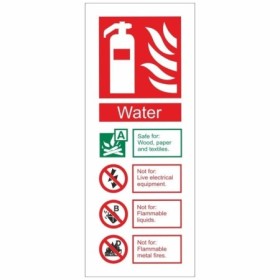 Water fire extinguisher ID safety sign with fire class guidance