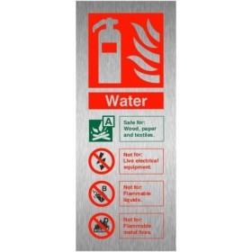 Brushed aluminium water fire extinguisher ID safety sign with fire class guidance
