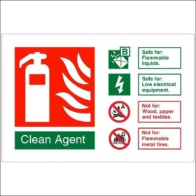 Clean Agent Fire Extinguisher ID safety sign with fire application guidance