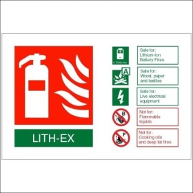 LITH-EX fire extinguisher ID sign with lithium-ion battery fire safety guidance