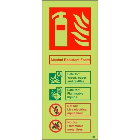 Glow in the dark alcohol resistant foam fire extinguisher ID safety sign Class C