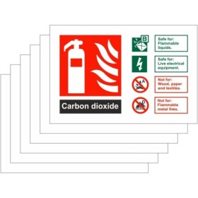 6-pack carbon dioxide fire identification signs with CO2 extinguisher guidance