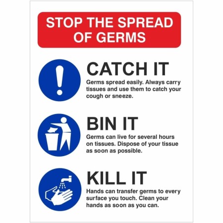 Stop the spread of germs hygiene sign with catch it bin it kill it instructions