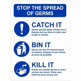 Stop the spread of germs hygiene sign with blue background and hygiene instructions