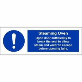 Steaming oven hygiene sign with safe oven opening instructions