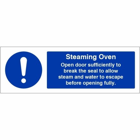 Steaming oven hygiene sign with safe oven opening instructions